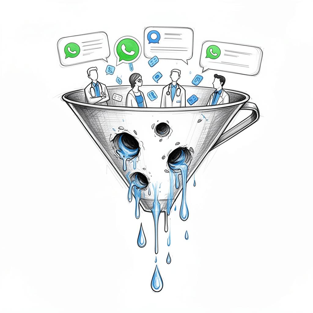 Funil furado representando o WhatsApp da clínica perdendo pacientes